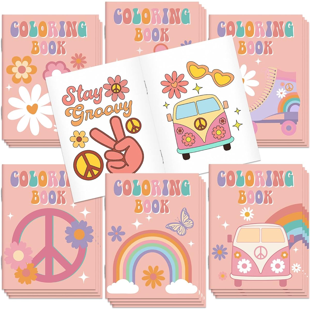 Groovy Coloring Books 24 Sheets Bulk Boho Rainbow Hippie Bus Retro Floral DIY Hand Drawn Groovy Birthday Party Favors Goodie Bag Fillers 5"x6.7"