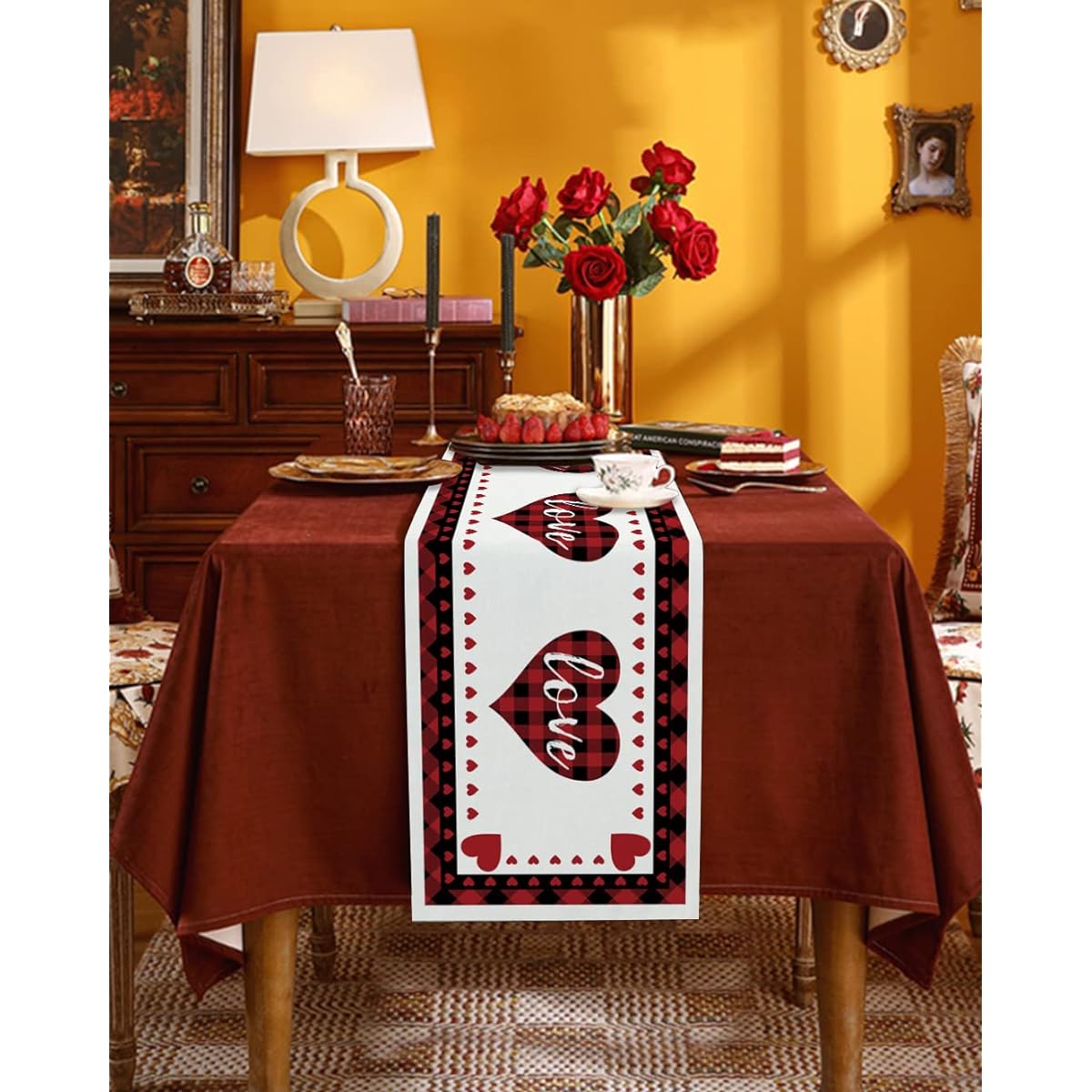EZON-CH Burlap Table Runner Decorative Valentine's Day Love Plaid Table Runner Rectangle Non-Slip Farmhouse Wedding Party Holiday Dinner Home 13" x 90" Long