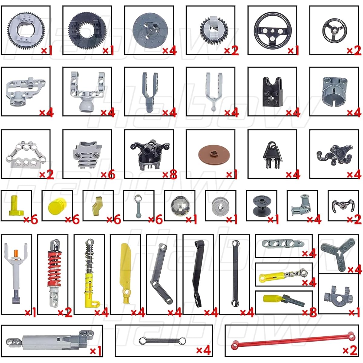 Habow 150pcs Technic Parts, Axle Pin Connectors compatible with Lego Technic, includes wheels, link chains, steering, Technic suspension, engines, Technic linear actuators, shock absorbers. Great replacement pieces for your MOC projects.