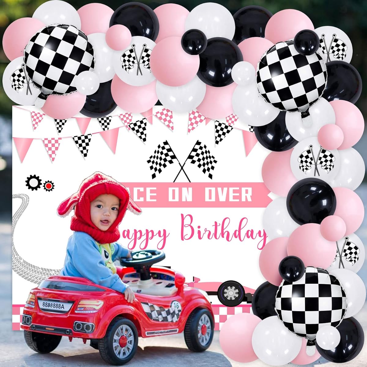 Pink Racing Car Birthday Party Decorations with Lace Backdrop Pink Balloon Garland Kit Kids Birthday Party Supplies Girls Racing Car Birthday Baby Shower Party Decorations