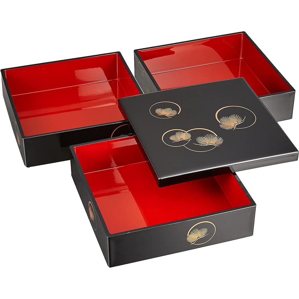 Maeju lacquerware, box, three tiers, halo pine, black, gold, traditional craft, Yamanaka lacquerware, 21cm, square, for 4 to 5 people, made in Japan 7R-603