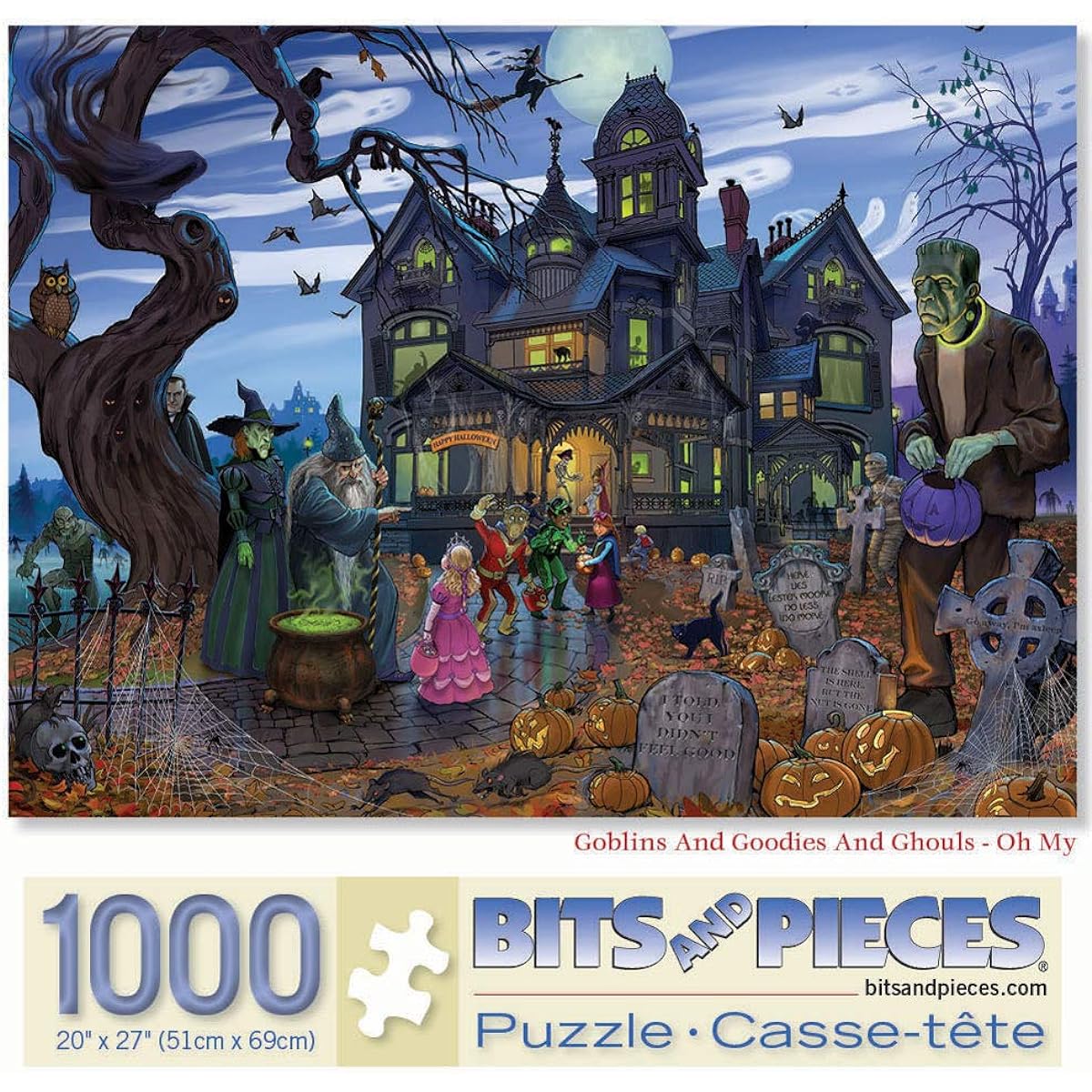 Bits and Pieces - 1000 Piece Jigsaw Puzzle for Adults 20 x 27 Inch - Goblins, Goodies and Ghouls - Oh My - 1000 Piece Haunted House Halloween Trick or Treat Jigsaw Puzzle by Artist K Shawn Soulivan