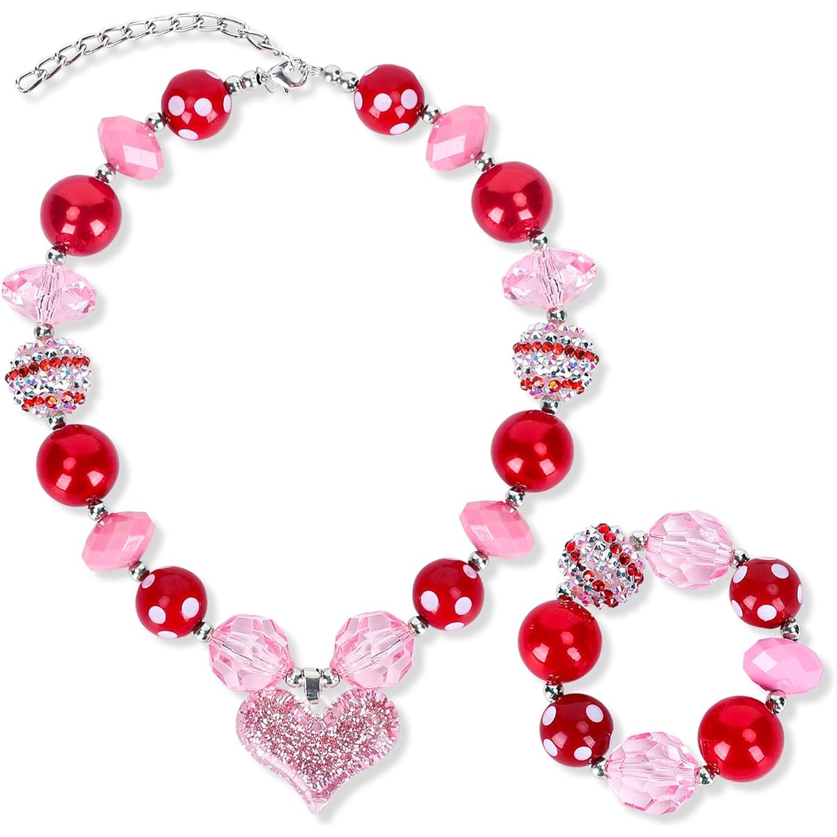Whaline Valentine's Day Bubble Gum Bead Necklace & Bracelet Set for Little Girls, Necklace Bracelet, Heart Shaped Jewelry, Pendant Necklace with Beaded Bracelet, Accessories, Student Diploma, Party Favors, Resin, Acrylic, No Gems