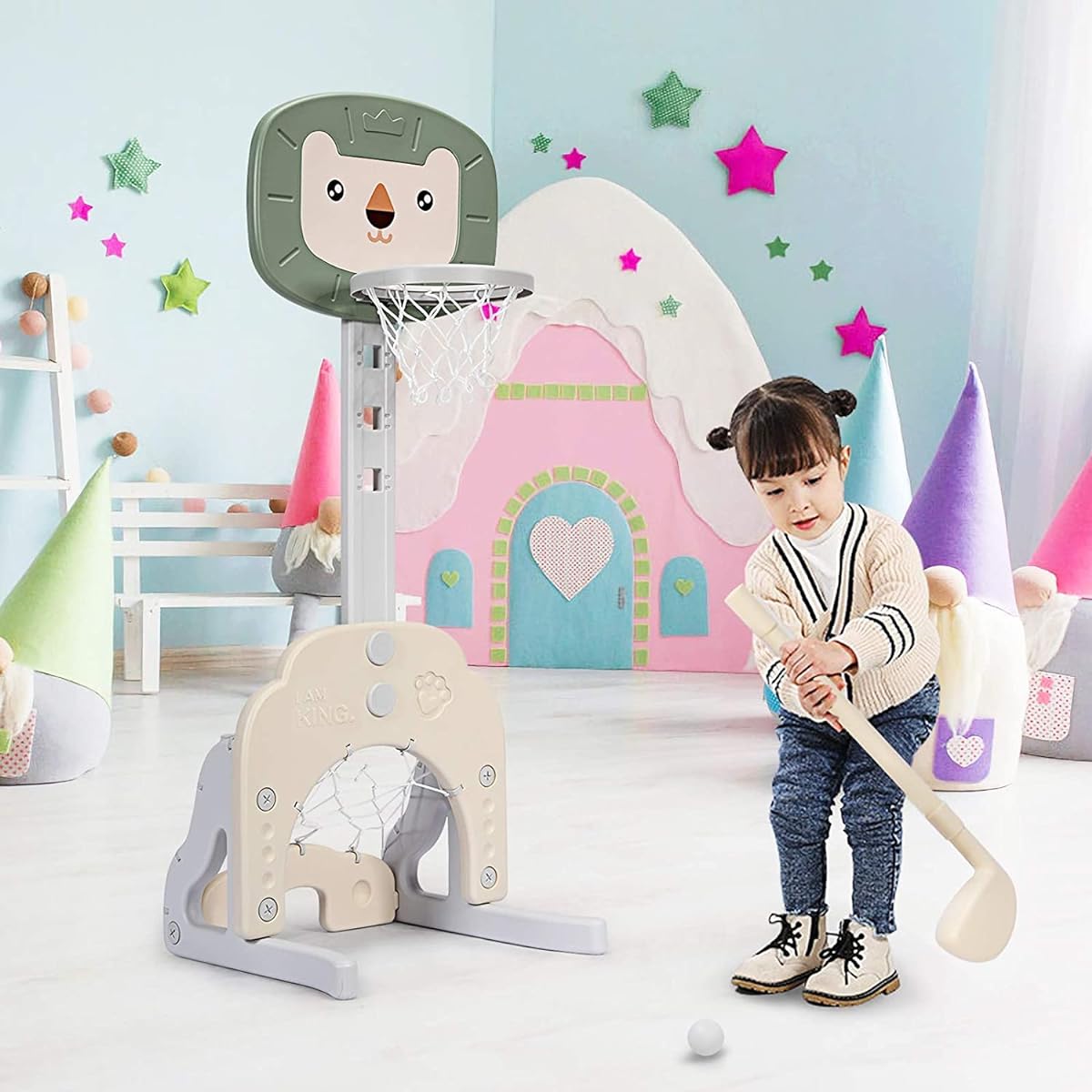 AKUSTIK OLAKIDS 3 in 1 Kids Adjustable Basketball Hoop Stand Sports Center Basketball Soccer Golf Game Set Indoor Outdoor Activities for Toddler Kids