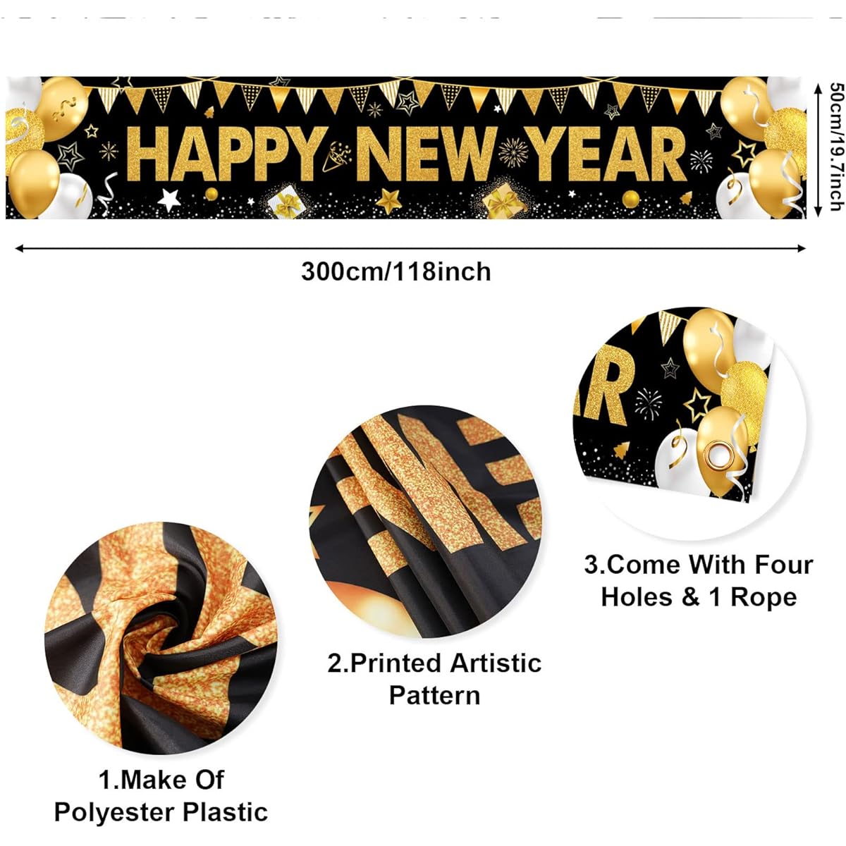 Happy New Year Banner 2024 Decoration Yard Sign Black Gold Background Decoration Large New Year Banner Indoor Outdoor New Year's Eve Holiday Party Outdoor Decor Supplies