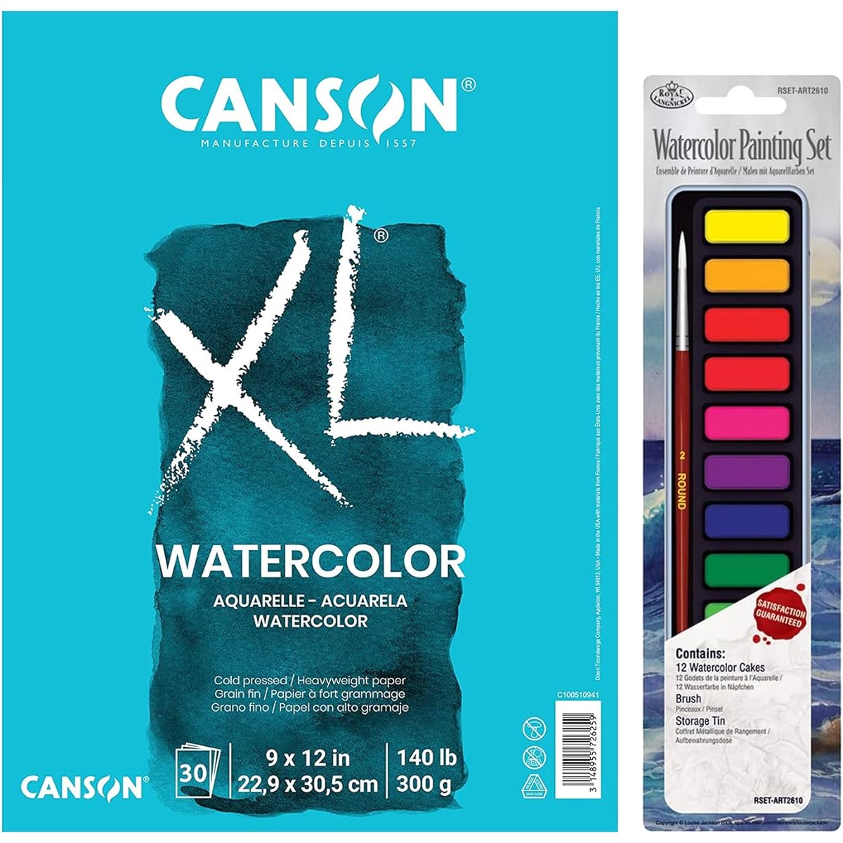 Canson XL Watercolor Pad 9"x12" 30 Sheets + Watercolor Set w/Tin