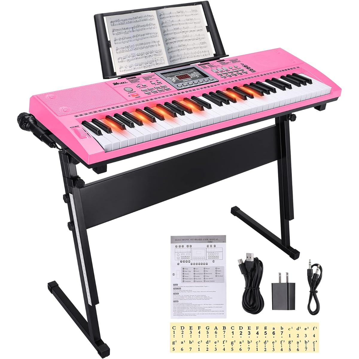 24HOCL 61 Key Premium Electric Keyboard Piano for Beginners with Built-in Stand and Dual Speakers/Microphone/Headphones/Stand/Display Panel