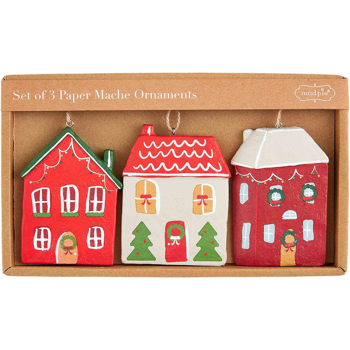 Mud Pie Paper Mache Home Christmas Ornament Set, 3 1/2" x 2 1/2"