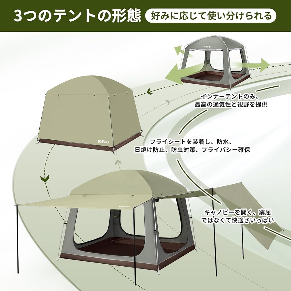 ICECO Dome Tent for 3 to 4 People, Extended Canopy, 4 Front Rooms, Water Pressure Resistant PU 3,000 mm, Insect Protection Mesh, Breathable, Double Layer Structure, UV Protection, Windproof,
