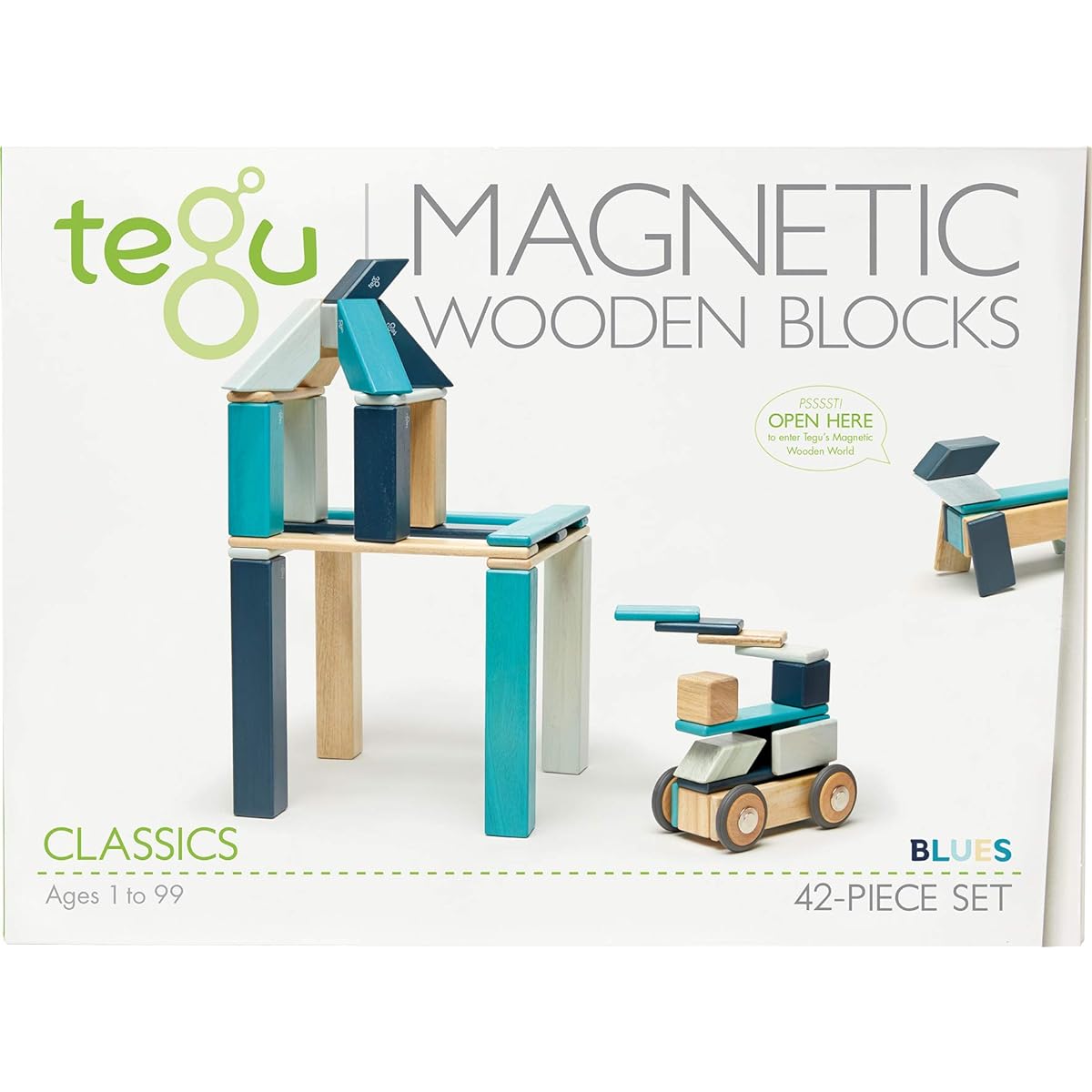 Tegu Magnetic Wooden Block Set, 42 Pieces, 42P-BLU-508T