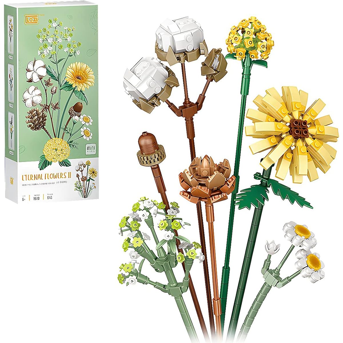 Mini Blocks Flower Bouquet Assembly Set Artificial Flower Building Blocks Decorator 646 Pieces Botanical Collection for Adults Not Compatible with LEGO (Cotton/Pine Cone/Gerbera/Claspedia)