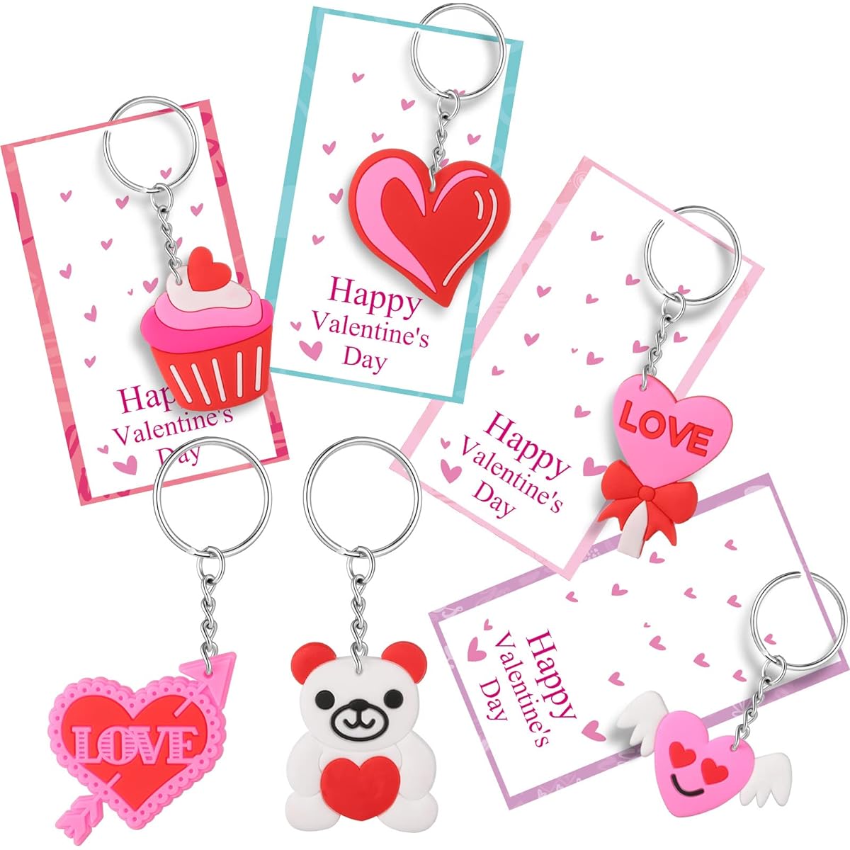 40 Sets Valentine's Day Kids Present Card with Heart Keychain Keyring Valentine Classroom School Exchange Prize Party Favor Backpack Clip Game Valentine Exchange Card