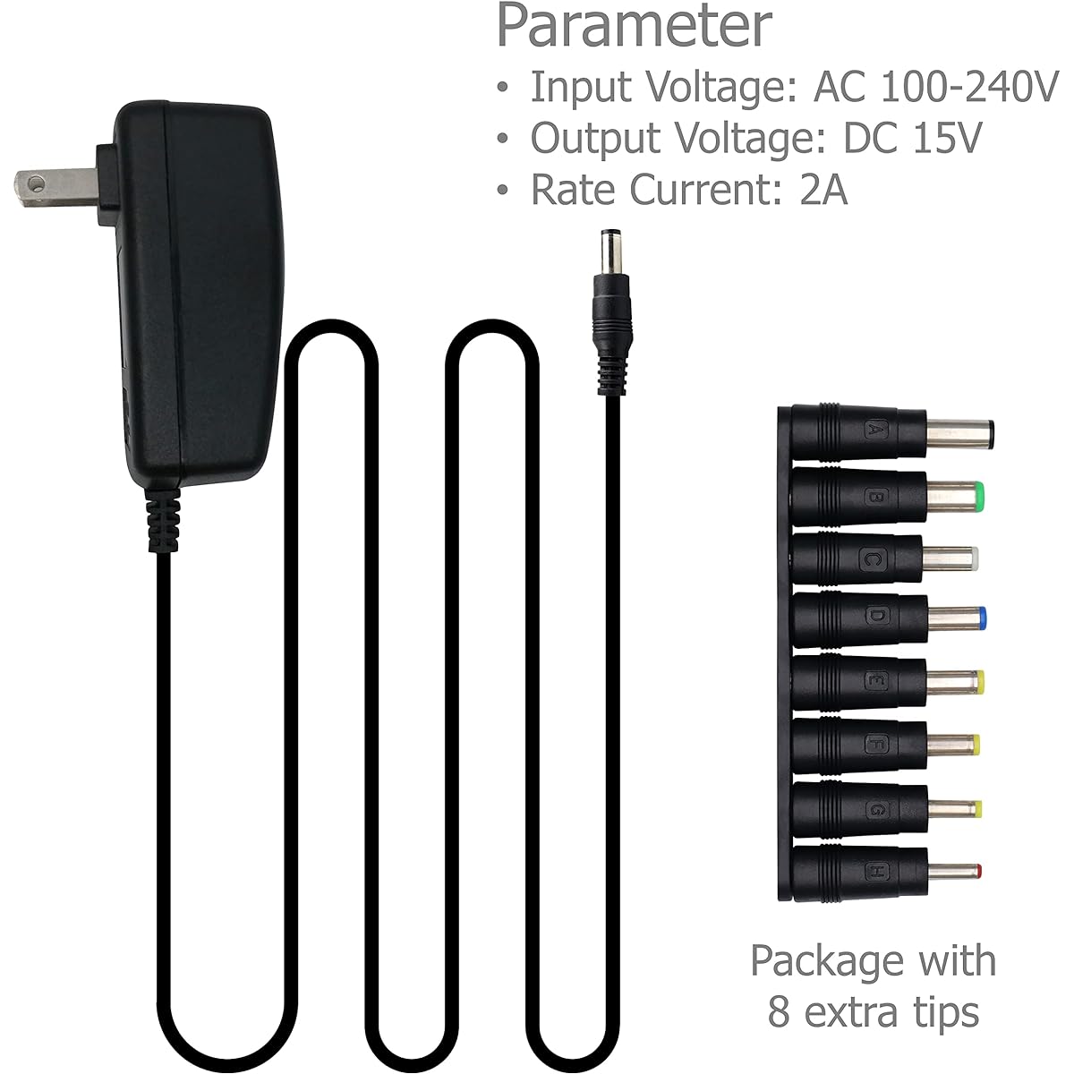Excelity AC/DC 15V 650mA 2A Max Wall Charger Power Switching Adapter with Tip 5.5 x 2.5mm / 5.5 x 2.1mm