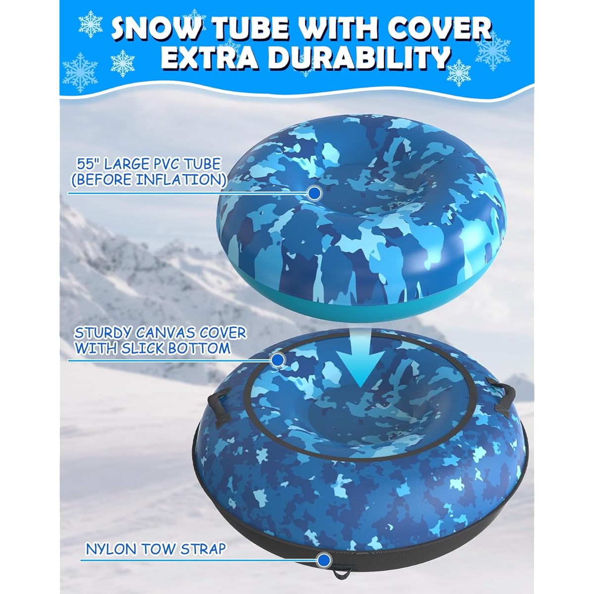 Toffos 55" Snow Tube with Premium Canvas Cover, Heavy Duty Snow Sled for Kids and Adults, Thick Bottom, Inflatable, Cold Resistant Sled, Toboggan, Winter, Outdoor, Ski, Fun Toy