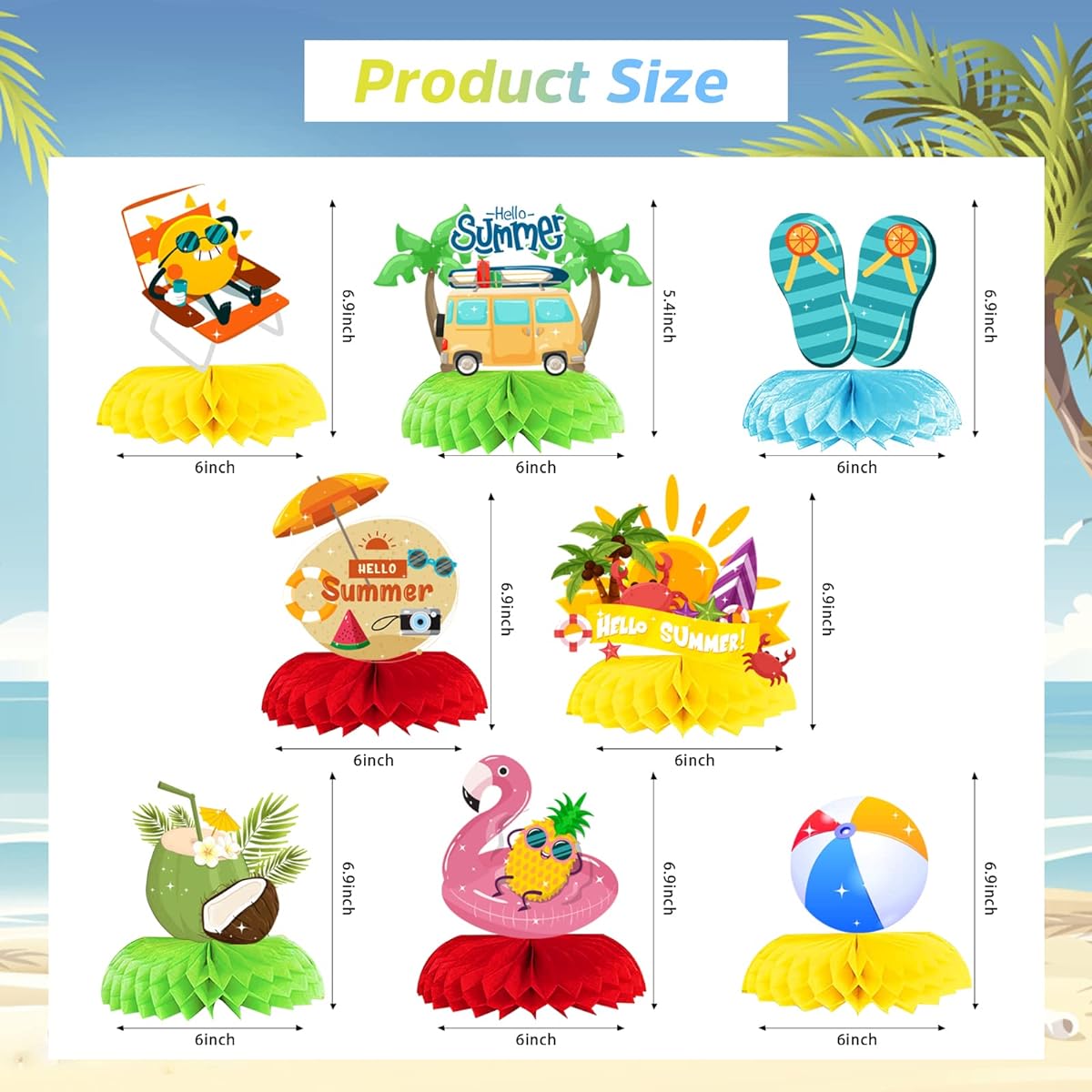 Obookey Hawaii Summer Party Decorations Honeycomb Centerpieces Tropical Style Hello Summer Honeycomb Summer Pool Beach Table Centerpieces Summer Beach Pool Party Favors Supplies 8pcs