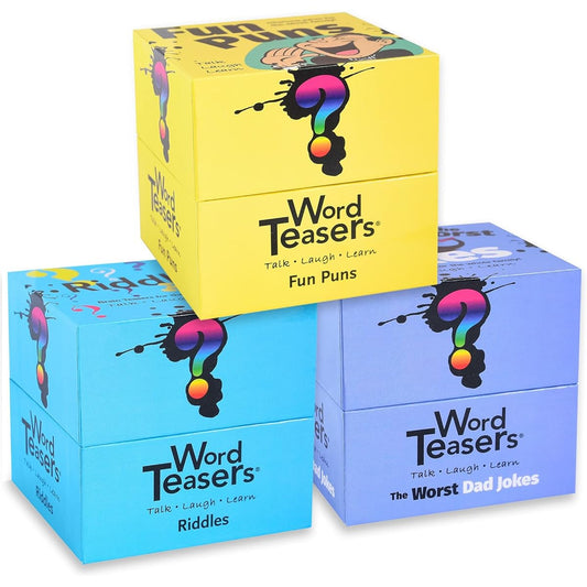 ?WORD TEASERS Riddles, Fun Puns & Worst Dad Jokes Bundle 3 Pack - Fun & Funny Joke Cards & Riddles for Kids, Teens & Adults