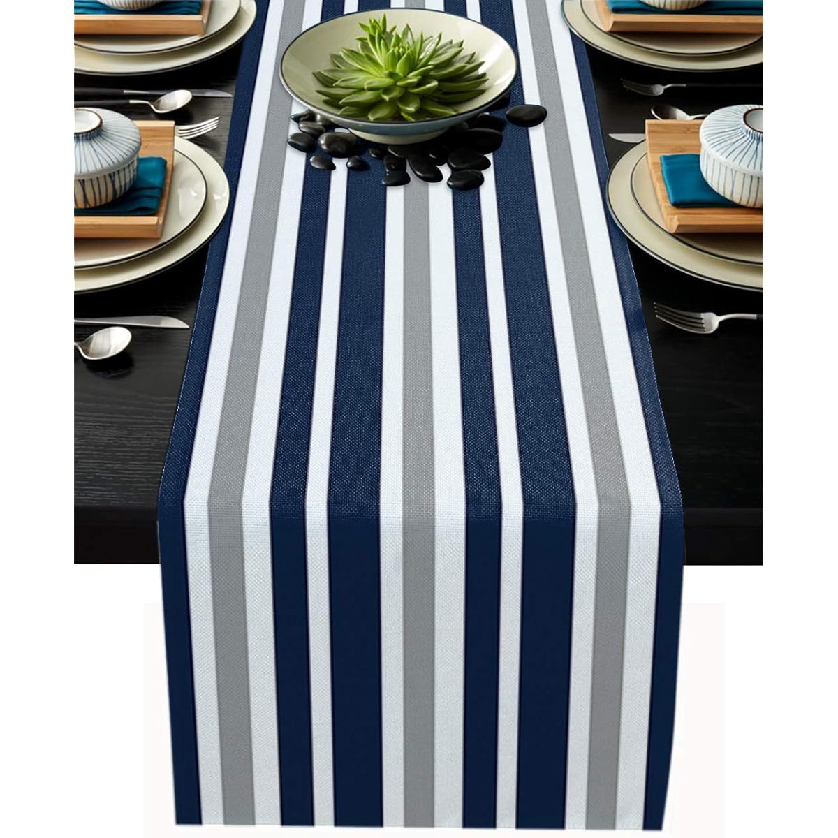 T&H XHome Dining Table Runner Dresser Scarf Linen Burlap Fabric Irregular Stripes Blue White Gray Washable Table Runner 120 Inch Length Farmhouse Home Kitchen Wedding Party Decor