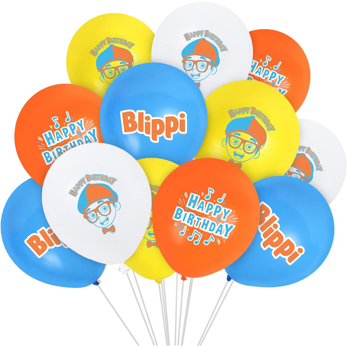Treasures Blippi Birthday Party Supplies - Pack of 12 - Blippi Balloon Pack - Latex Blippi Birthday Decorations Balloons - 12" Happy Birthday Balloons Blue Orange Yellow White
