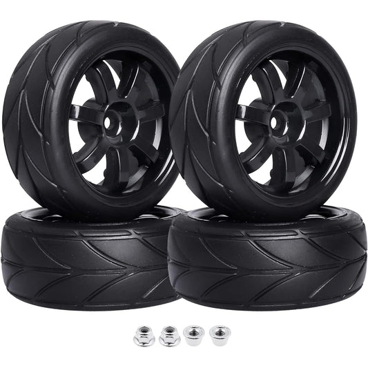AllinRC Adhesive 12mm Hex Hub Wheel Rim & 2.5" Rubber Tire 1/10 On-Road Touring Car Drift Traxxas 4tec 2.0 3.0 Tamiya TT02 TT01 HPI RS4 HSP Flying Fish Wltoys 144001 Kyosho Fazer (Edition A)