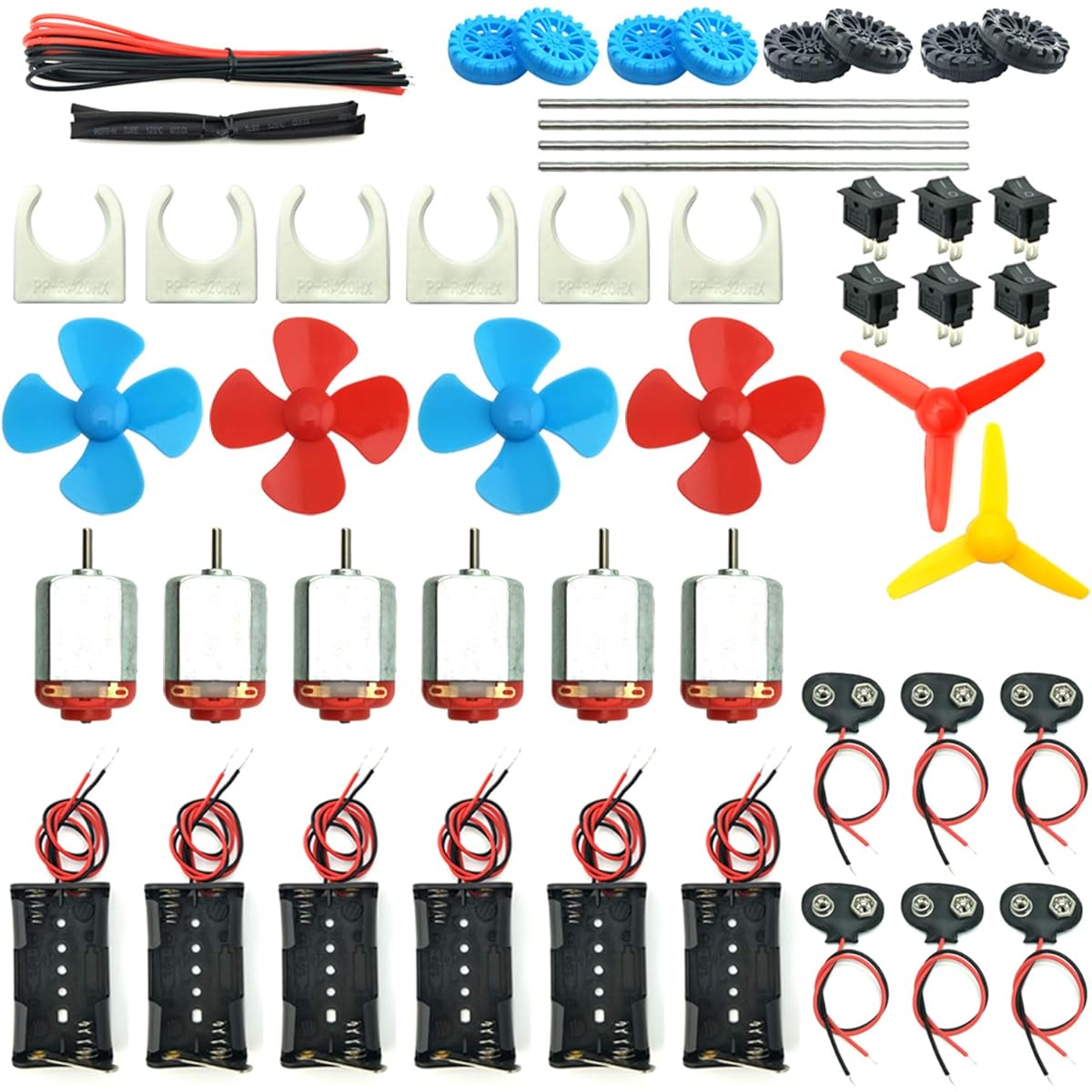 DC Motor Kit, Mini Electric Hobby Motors, 6pcs 3V -12V 25000RPM Strong Magnetic Shaft Propeller, 2x AA Battery Holder, 9V Battery Clip Connector, Plastic Wheels for DIY Science Projects