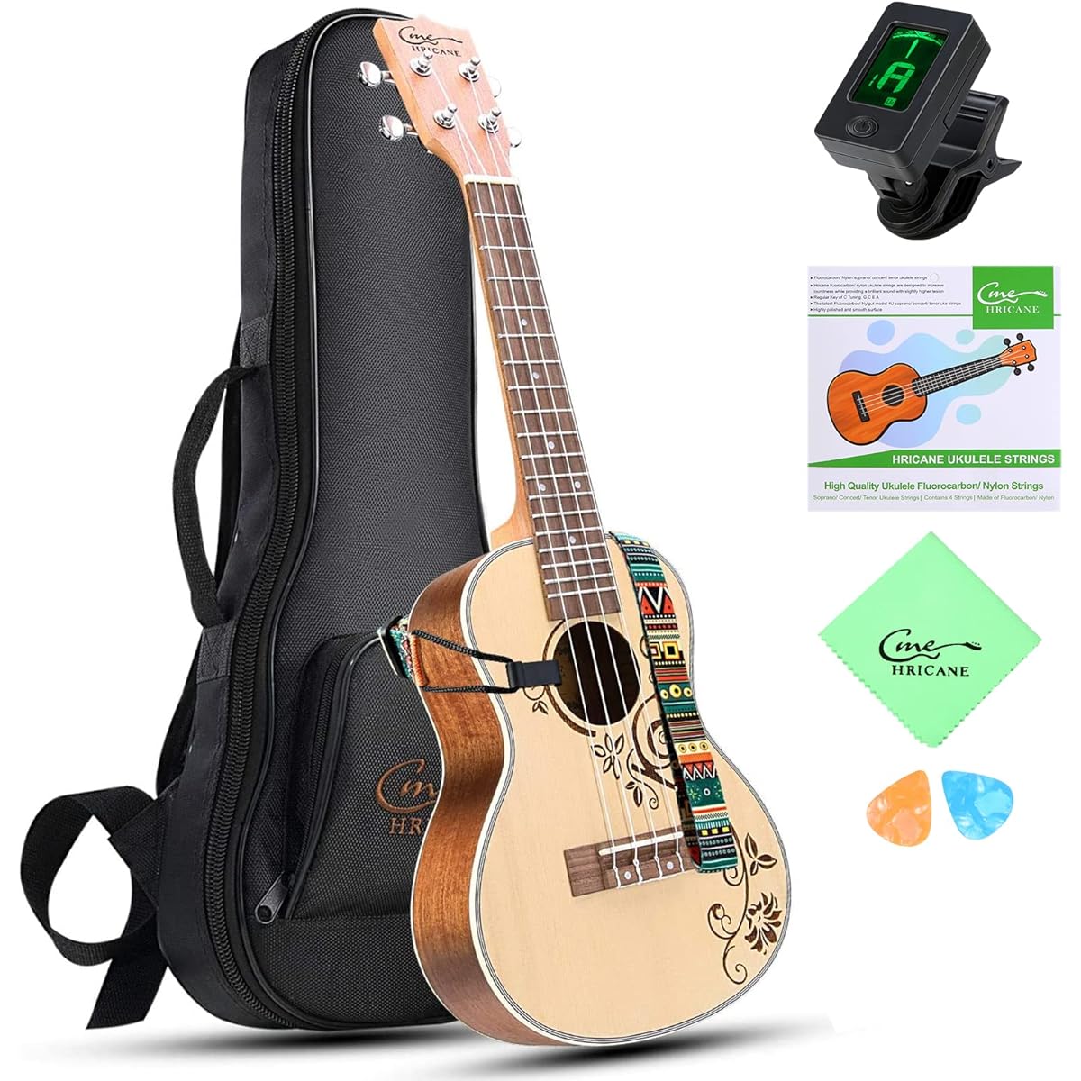 Hricane Concert Ukulele 23 Inch Spruce Flower Top Sapele Professional Ukulele Beginner Bag Digital Tuner Strap 4 String Set Pick Cleaning Cloth Included