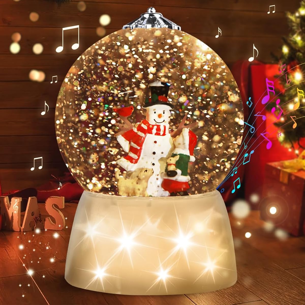 VITAKEO [360 Degree Rotation] Christmas Snow Globe Music Lantern Christmas Snowman Decorative Lamp with 5 Hour Timer Function 8 Christmas Songs USB or Battery Powered (7.45" x 4.33")