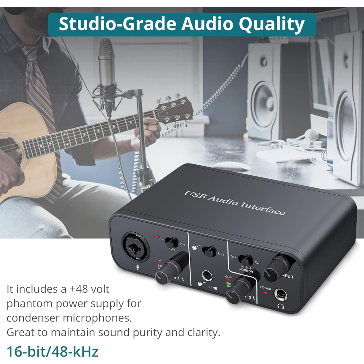 USB Audio Interface 2 in 2 Output, Computer Audio Interface with 48V Phantom Power TRS Balanced Free Driver Installation Supports Studio Sound Recording Streaming and Podcasting for PC/Win/Mac