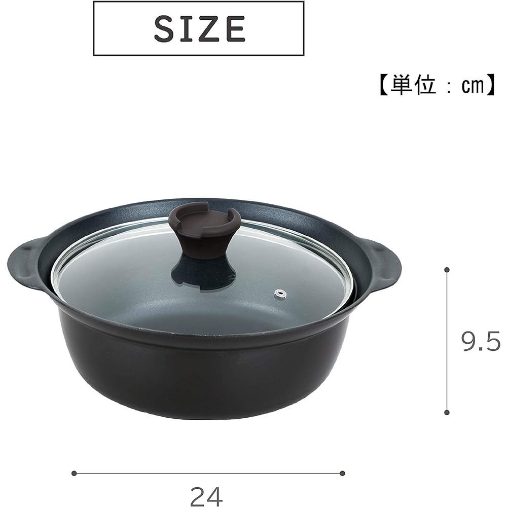 Takeda Corporation [For 3 to 4 people, treated with fluorine resin, comes with a glass lid that can hold chopsticks and a ladle] Black, 24 x 24 x 9.5 cm, IH compatible, lightweight, non-boiling tabletop pot, 24 cm, IHKFT-24