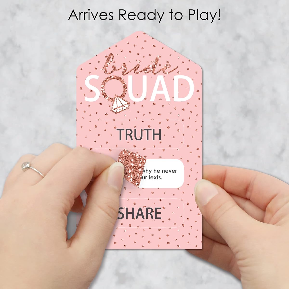 Big Dot of Happiness Bride Squad - Rose Gold Bridal Shower or Bachelorette Party Game Pickle Cards - Truth, Brave, Share Pull Tabs - Set of 12