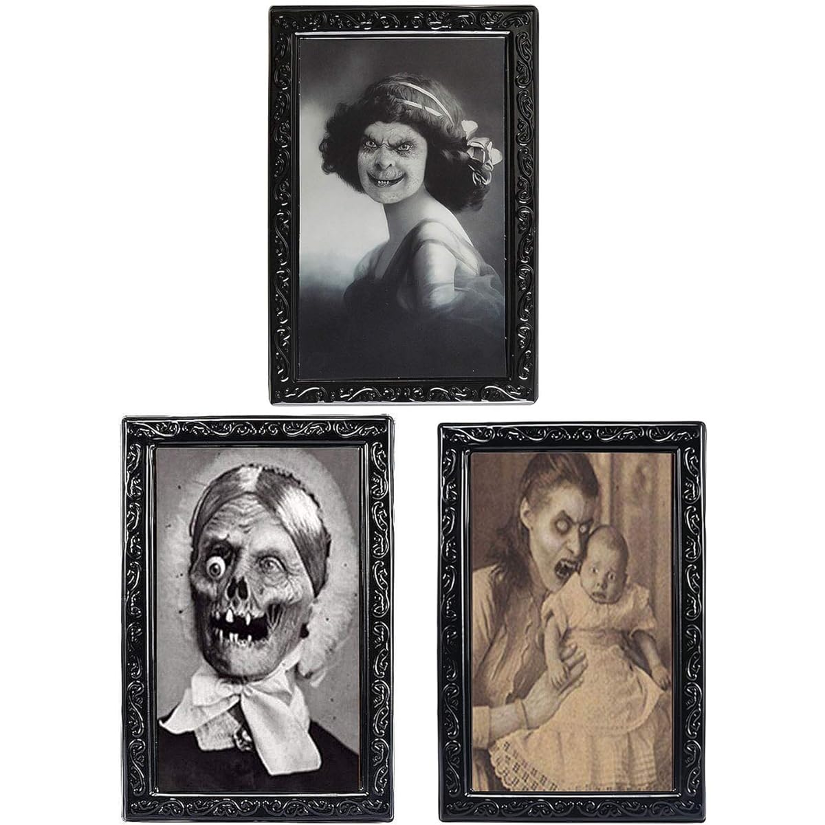 TRIXES 3 Pack Halloween 3D Lenticular Magic Moving Picture Frames - Face Changing Portrait Horror Decor for Spooky Themed Party - 38 x 25 cm