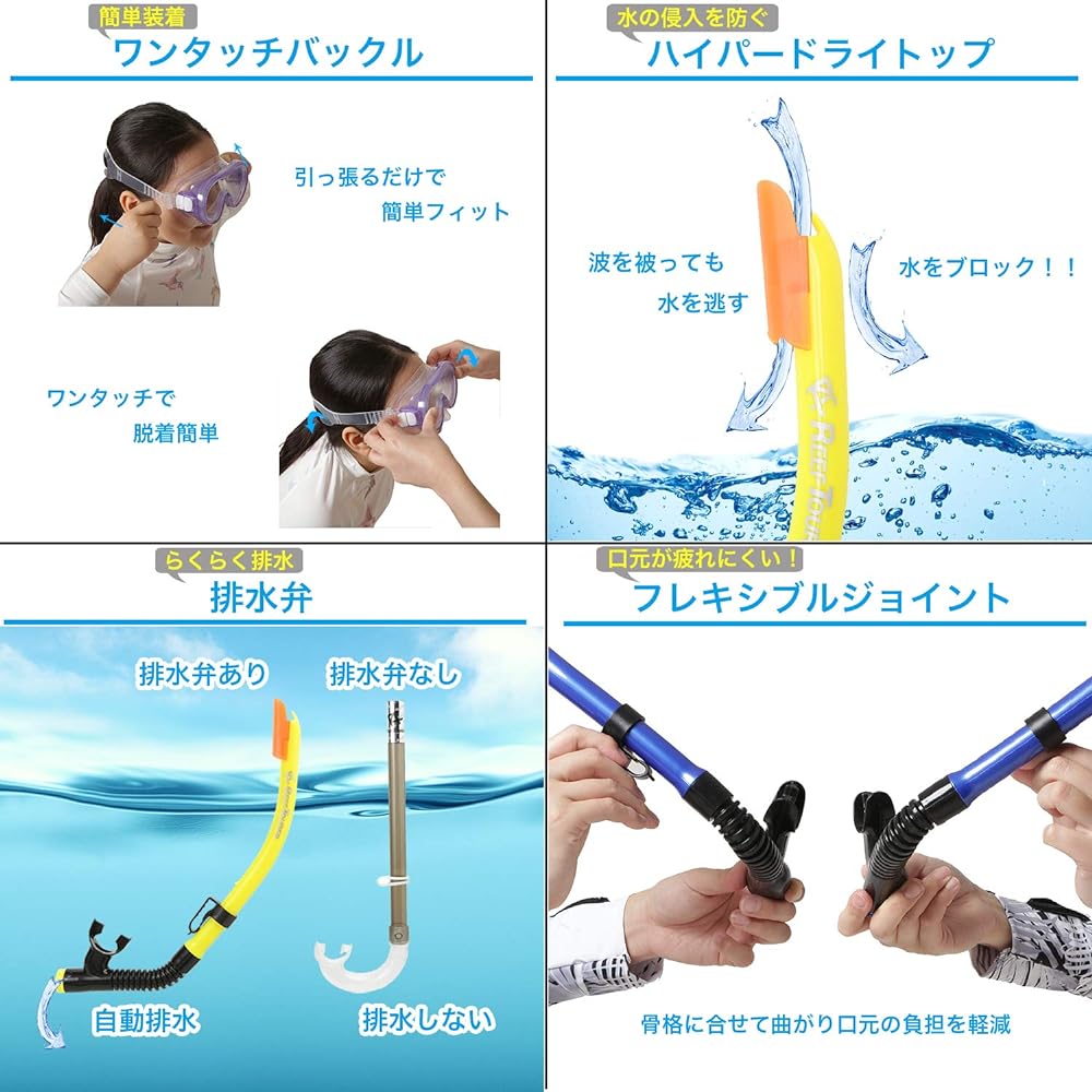 REEF TOURER Snorkeling Snorkel Mask for Children, 2-Piece Set, Made of Silicone, Ages 4-9 RC0205