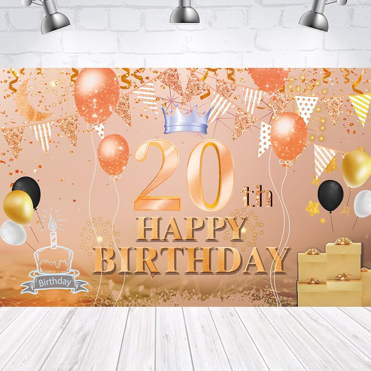 Happy 20th Birthday Backdrop Banner, Rose Gold 20 Years Old Sign Poster, 20th Birthday Party Supplies, Anniversary Photo Booth Photography Background, Birthday Party Decorations, 72.8 x 43.3 Inch