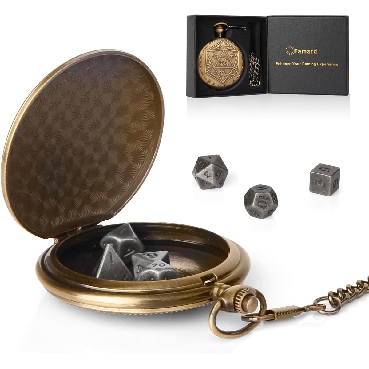 Famard 10mm Small DND Dice Set, Vintage Pocket Watch Shell Case Polyhedral Metal D&D Dice Set, Perfect for Dungeons & Dragons Gifts, RPG MTG Games, Role Playing Board Games (Silver)