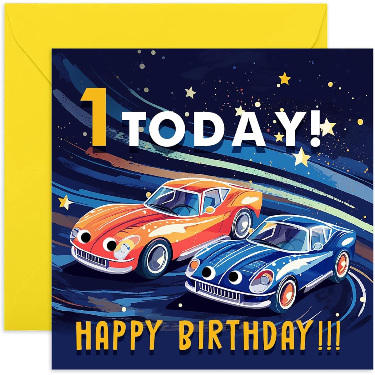Old English Co. First Birthday Card for Boy or Girl - Happy 1st Birthday - 1 Year Old - Racing Sports Car Themed Birthday Card for Son/Daughter/Niece/Nephew/Grandchild