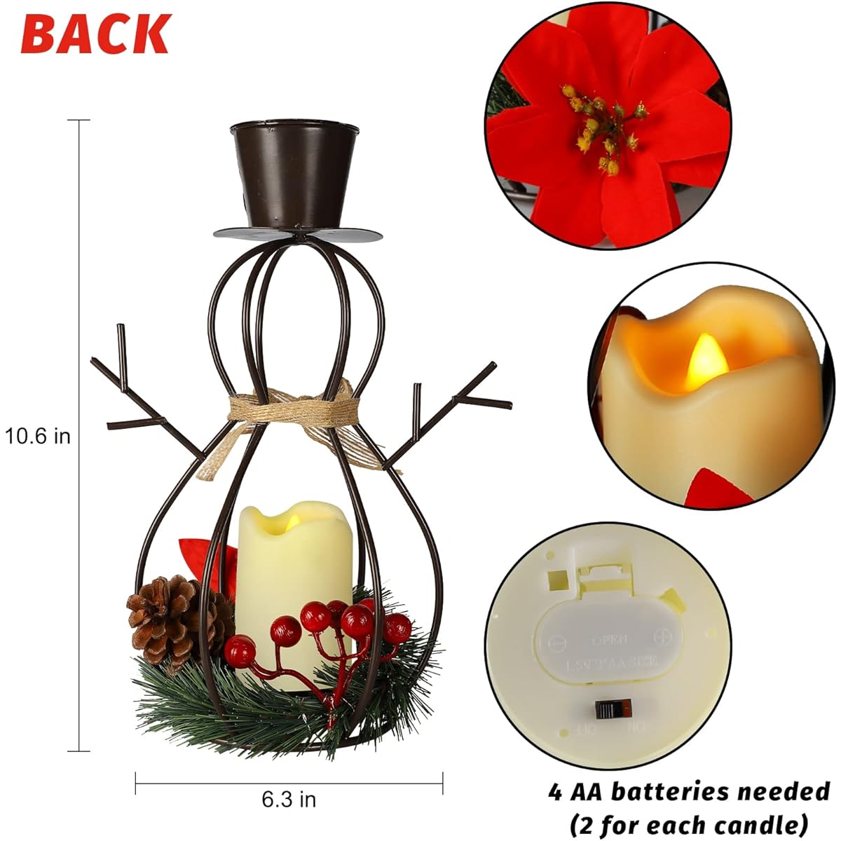 MorTime Christmas LED Candle Lantern Lights Metal Christmas Tree & Snowman with LED Candle Berries Pine Cone for Christmas Decorations, Set of 2