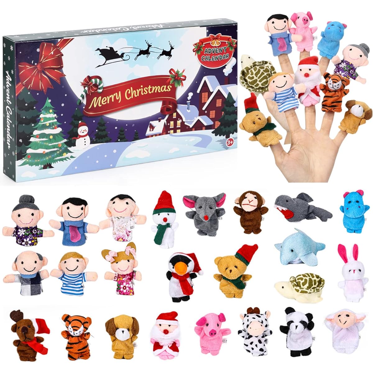 Christmas Advent Calendar 2022 with Finger Puppet Toys, 24 Day Countdown Calendar Animal Puppets Family Plush Toys Christmas Party Favors for Toddlers Kids Girls Boys