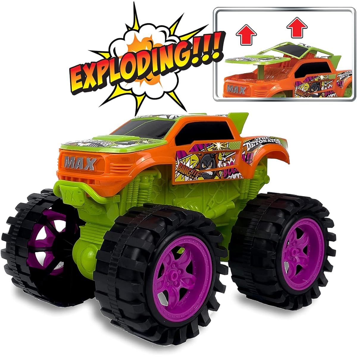 Team Power Explosive Monster Truck with Explosive Crash Sounds and Lights Hit and Go Toy for Boys and Girls Ages 3+ (Orange)