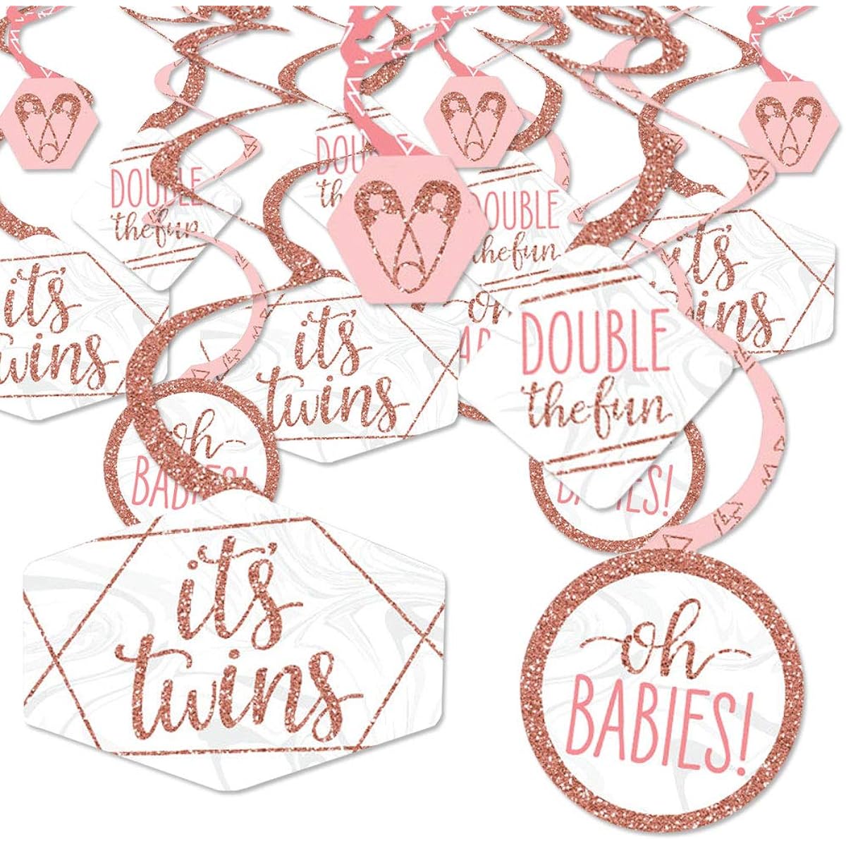 Big Dot of Happiness It's Twin Girls Pink and Rose Gold Twins Baby Shower Hanging Decor Party Decorations Swirls Set of 40