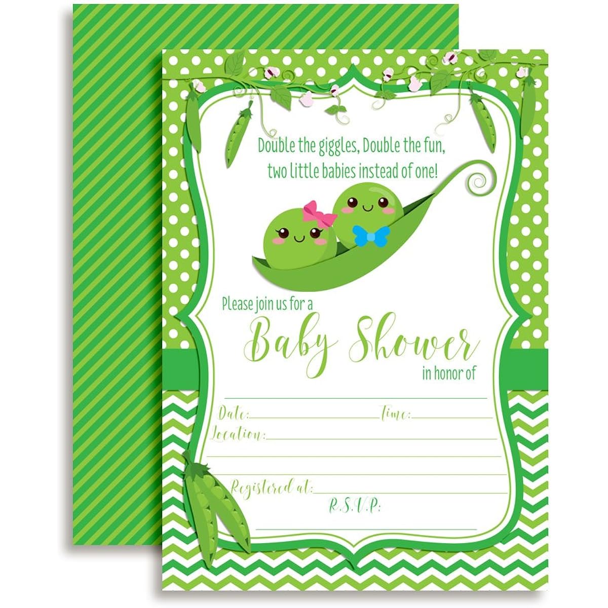 Two Peas in a Pod Twin Boy and Girl Baby Shower Invitations (10 5"x7" Fill in Cards with 10 White Envelopes) by AmandaCreation