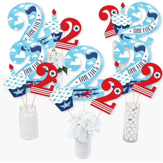 2nd Birthday Fly on a Plane Vintage Airplane Set of 15 2nd Birthday Party Centerpiece Sticks Table Toppers