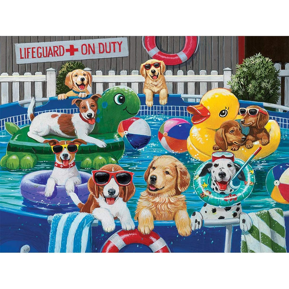 Bits and Pieces - 1000 Piece Jigsaw Puzzle for Adults 51cm x 69cm - Puppies Pool Party - 1000 Piece Summer Swimming Dogs Jigsaw Puzzle by Artist William Vanderdasson