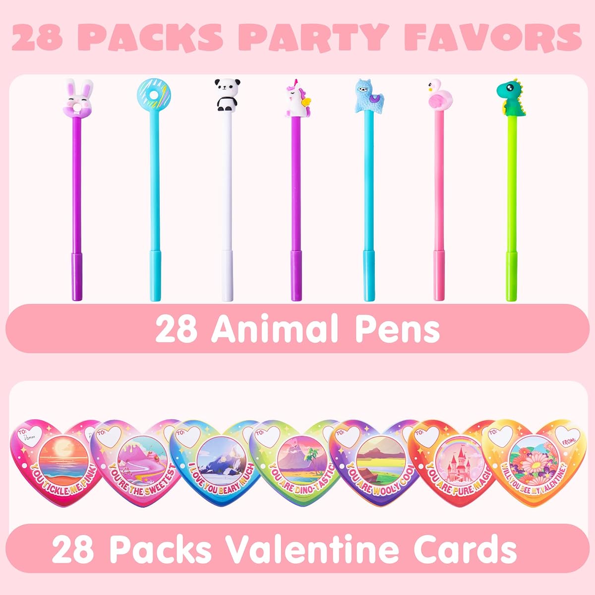 28 Pack Valentine Cards with Animal Pens, Valentine Stationery Gift Set for Kids, Classroom Swap Giveaways, Valentine Swap Gifts, Valentine Greeting Cards
