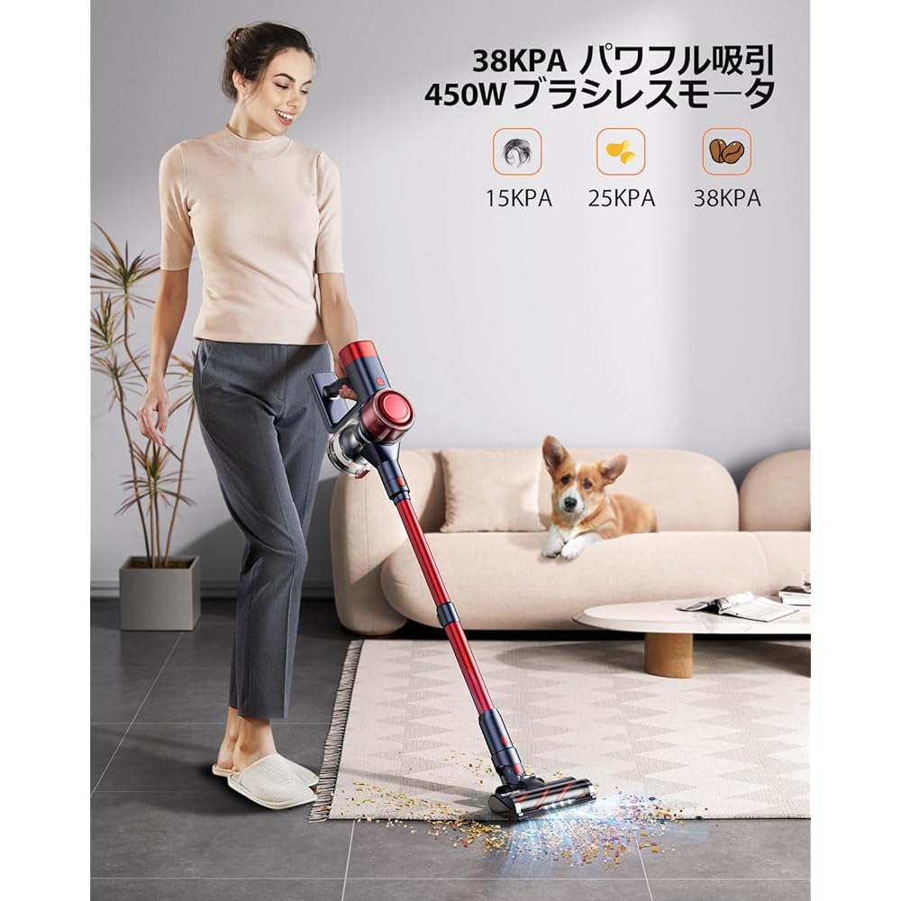 BuTure Cordless Vacuum Cleaner, 38KPa Strong Suction Vacuum Cleaner, Cordless Wall Chargable, Tangle-Free Head, Touch Display, Vacuum Cleaner, Cyclone, Silent, Multiple Filtration System, Removable
