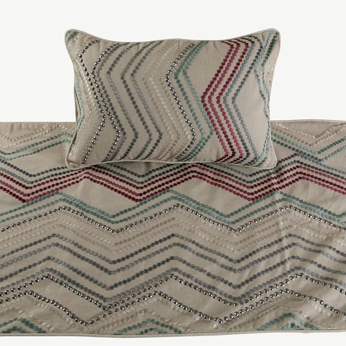 Decorative Beige CA King 215x45 cm Bed Runner without Cushion Cover, Chevron & Bead Embroidery Linen Bed Runner Geometric - Dotty Chevron