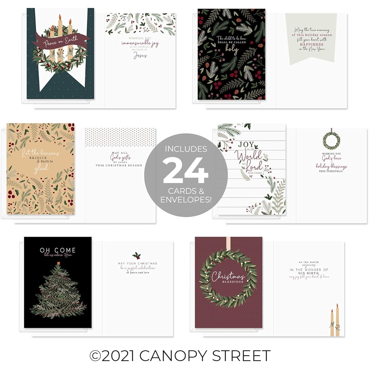 Religious Farmhouse Holiday Cards / 4 5/8" x 6 1/4" Christmas Cards / 24 Christian Cards with White Envelopes / 6 Unique Designs