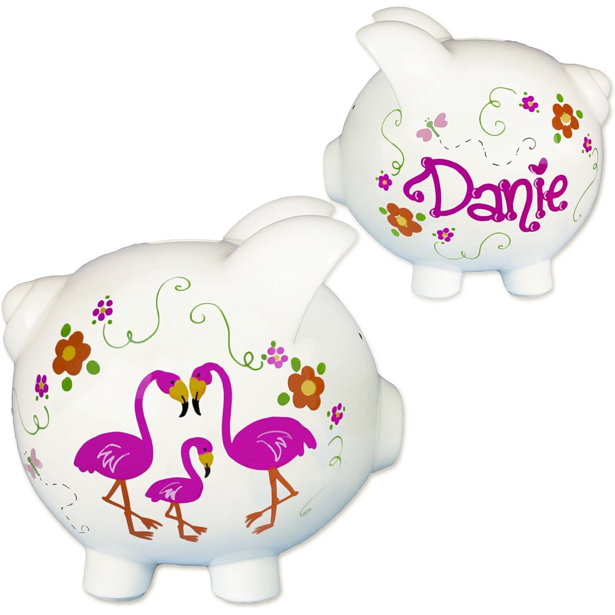 My Bambino Girls Hand Painted Personalized Pink Ladybug Piggy Bank Large White Ceramic Money Box Baby Gift (Pink Flamingo)