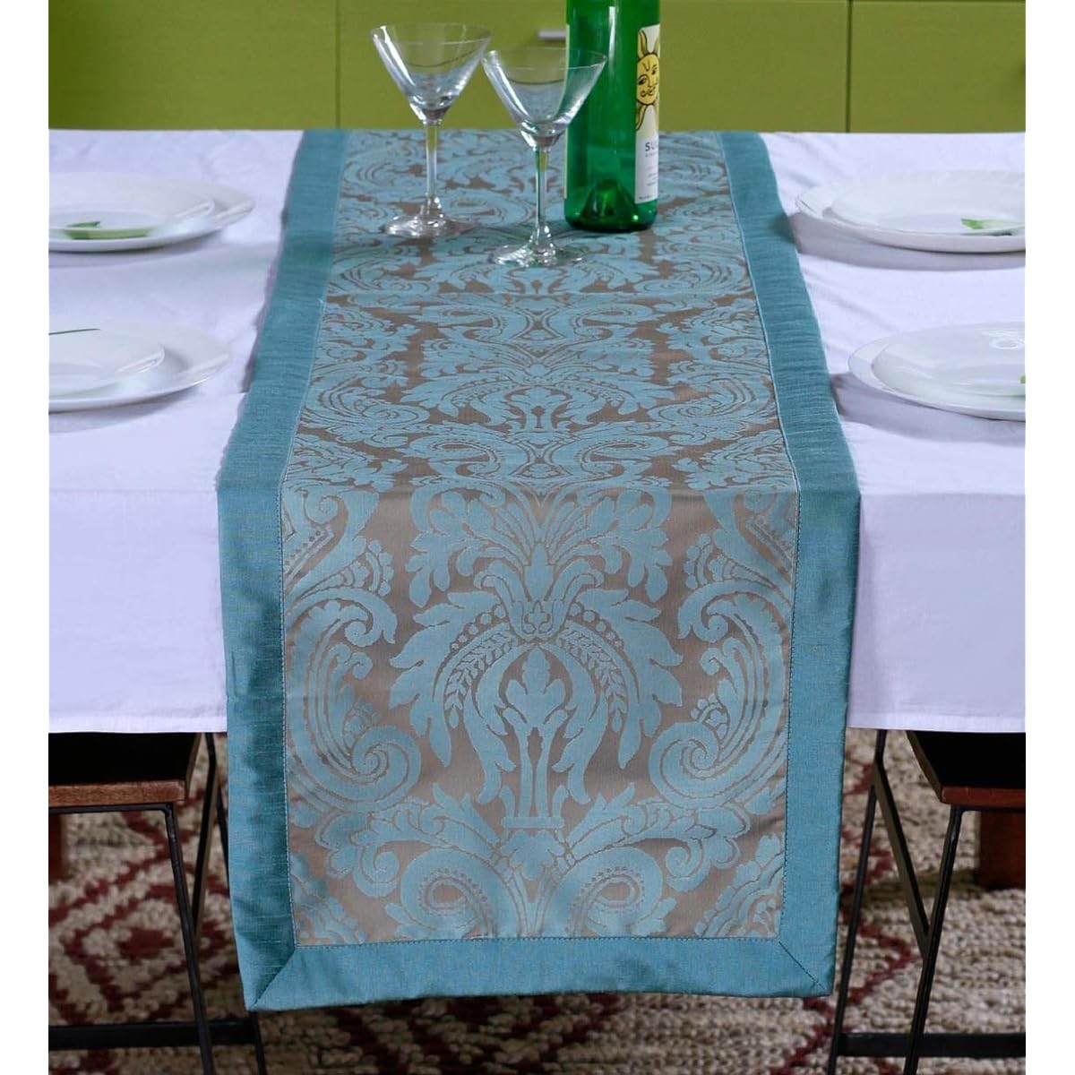 Lushomes Polyester Border 3 Jacquard Table Runner (16x72-inches, Blue Pattern)