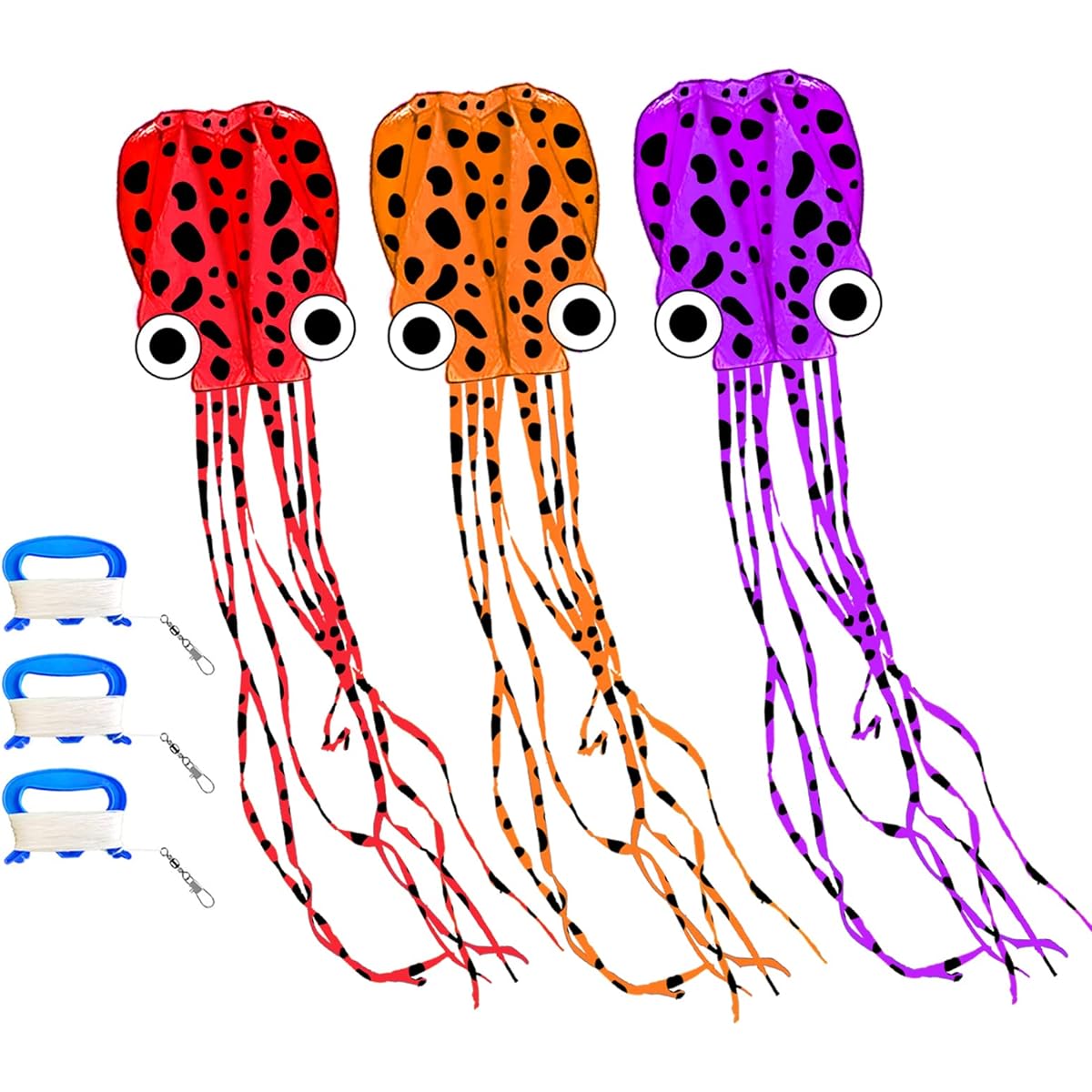 Octopus Kites 3 Pack Large Easy to Fly Beach Kites for Kids and Adults Frameless Soft Parafoil Kites for Boys and Girls (3 Spotty Colors)