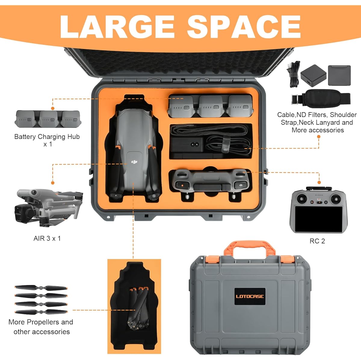 LOTOCASE Air 3 Hard Carry Case for DJI Air 3 Drone Accessories Waterproof Travel Case with Shoulder Strap for DJI Air 3 Fly More Combo for DJI RC 2 Remote Control