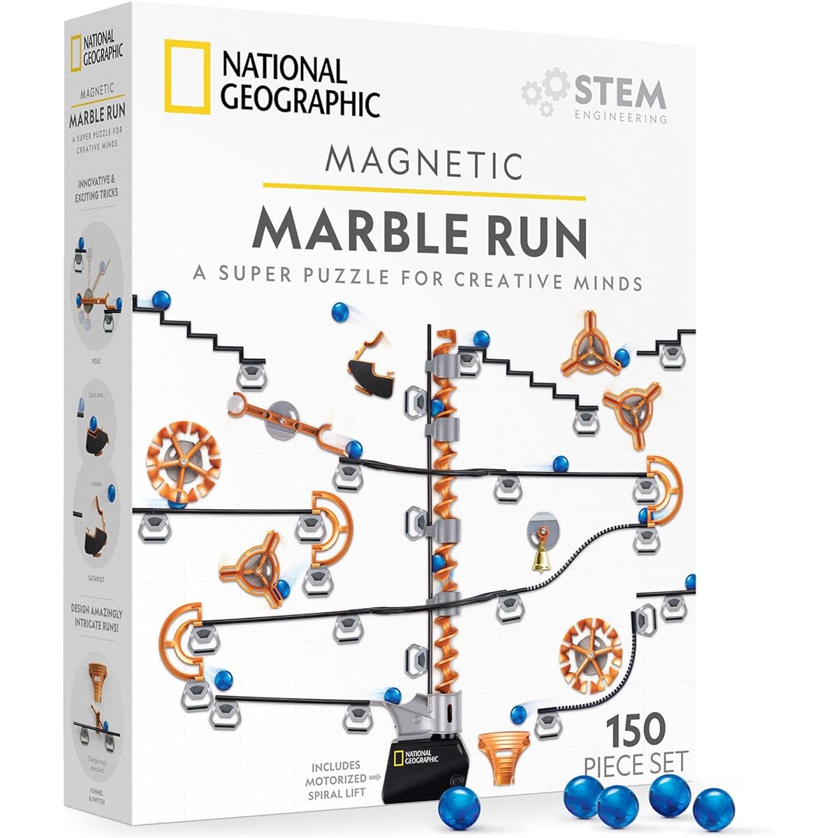 NATIONAL GEOGRAPHIC Magnetic Marble Run - 150 Piece STEM Building Set for Kids & Adults with Magnetic Track, Trick Pieces & Marbles, Marble Maze for STEM Projects